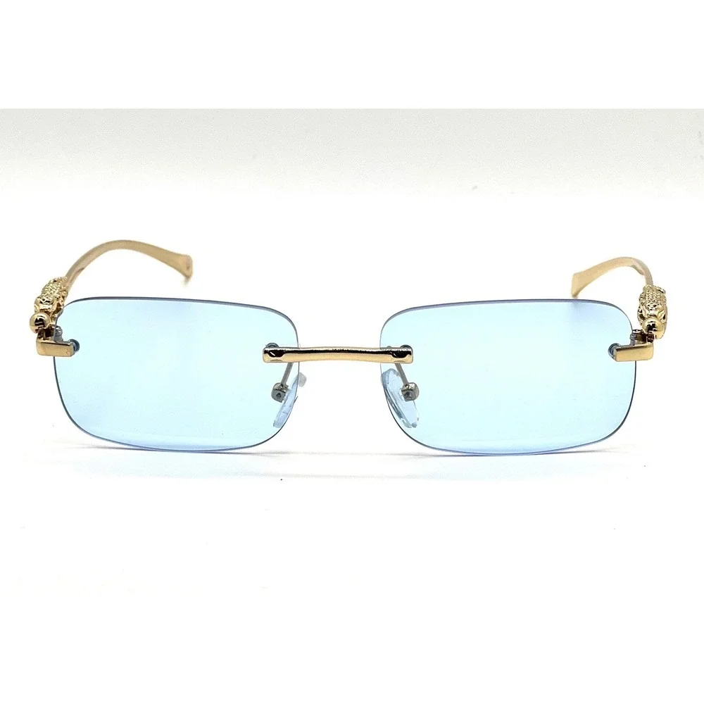 Rimless Sunglasses Gold Leopard Accents Blue Lens Fashion Shades Style Men Gafas